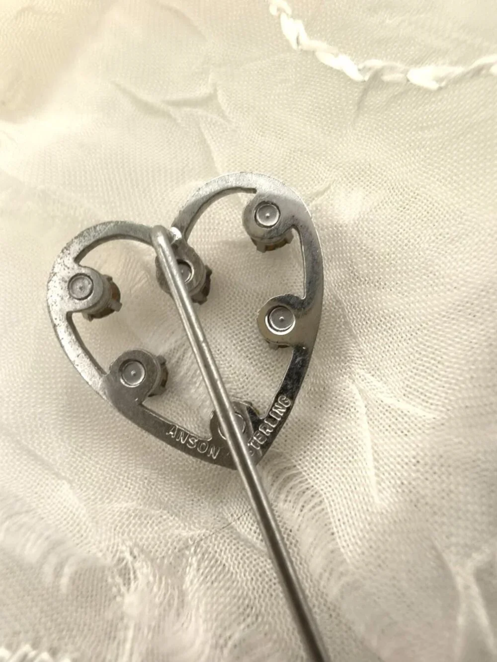 Vintage Anson Sterling Silver Heart Stick Pin With Multicolored Rhinestones
